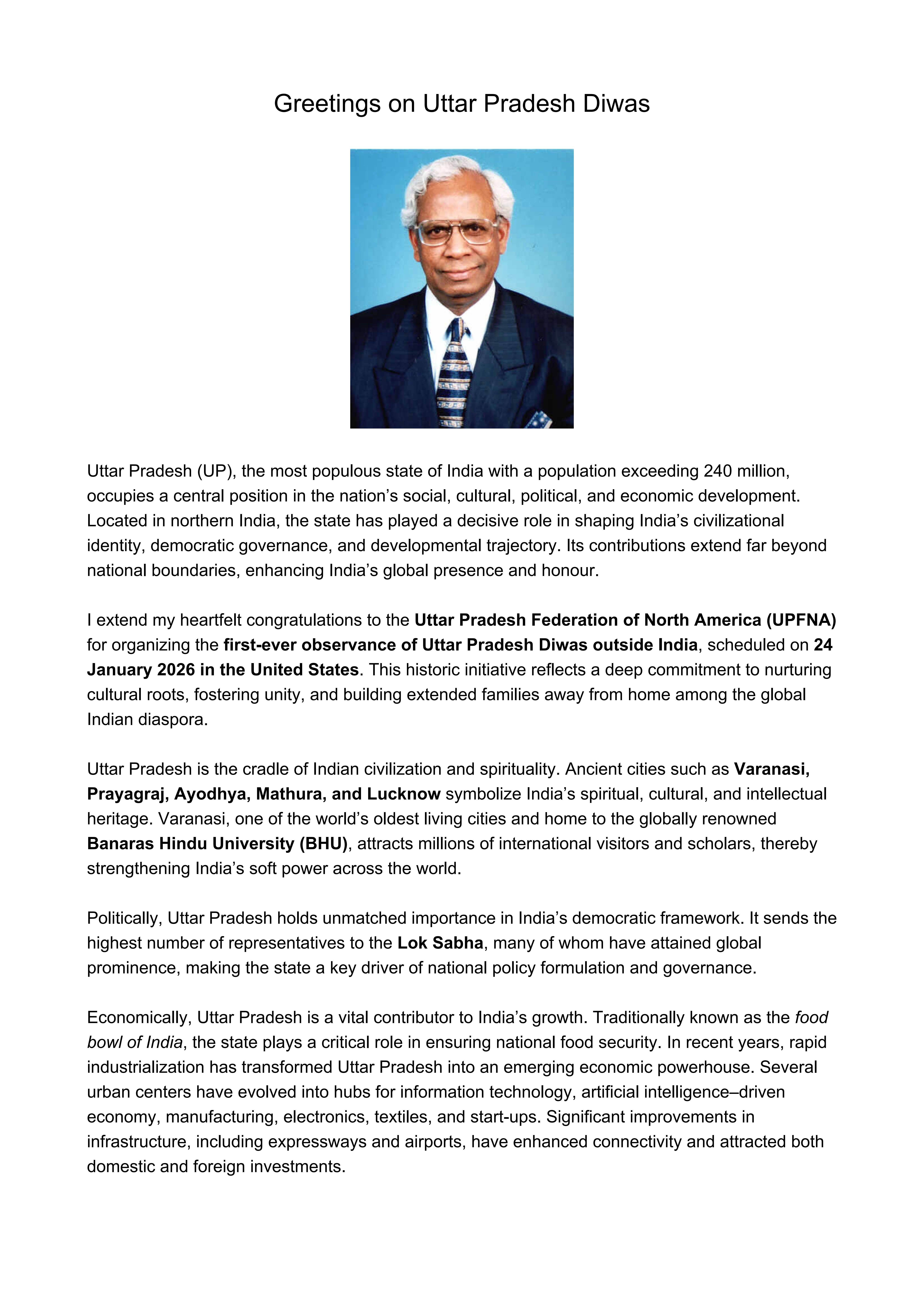 Prof. R.B. Singh - UP Diwas Greetings (Page 1)